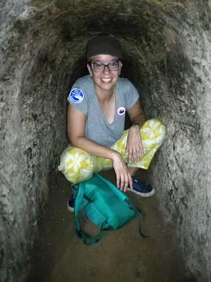 gilda inside one of the tunnels in cu chi vietnam