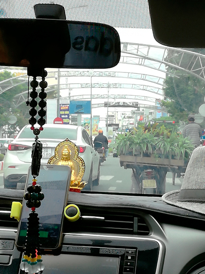 Traffic in Da Nang, we could see a motorbike with plants