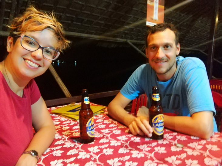 drinking beers in a restaurant of cam nam, hoi an