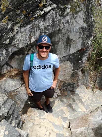 going up the stairs in marble mountain da nang